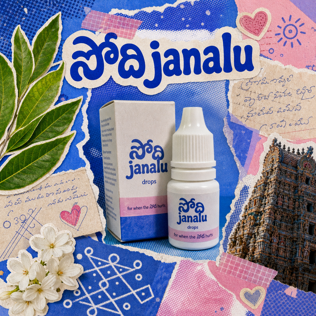 సోది janalu drops, a small dropper bottle on a collage background